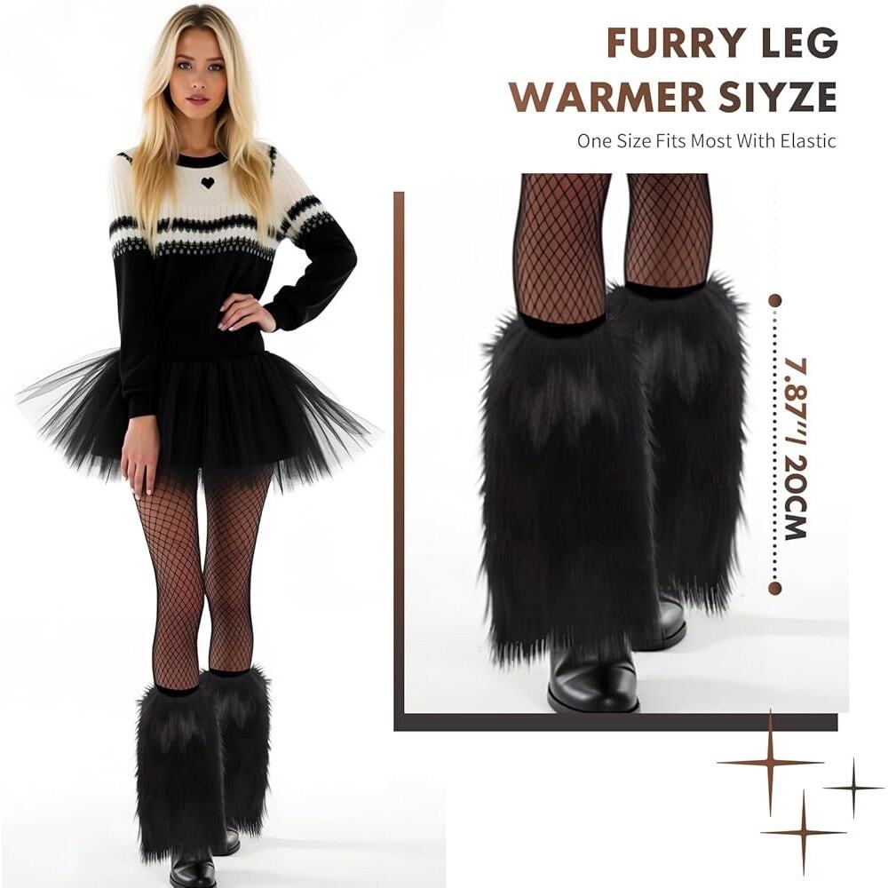 Black Women's Faux Fur Leg Warmers 9.5” Long - Picture 3 of 6